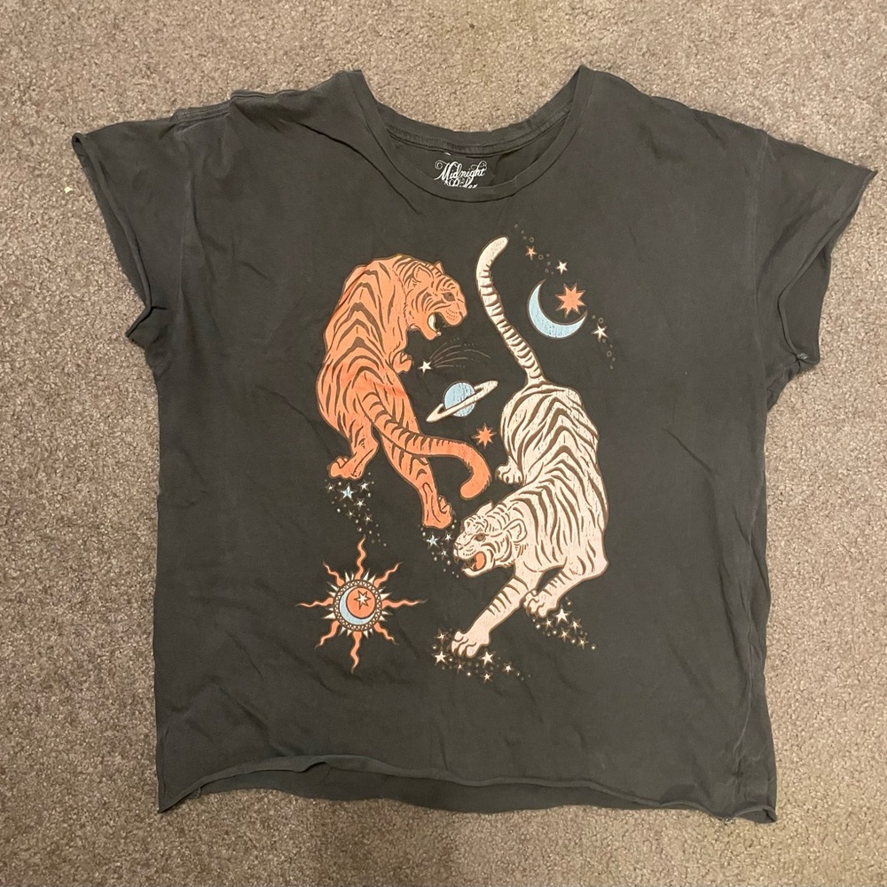 Free People x Midnight Rider Black Tee with Tigers and Cosmic Design